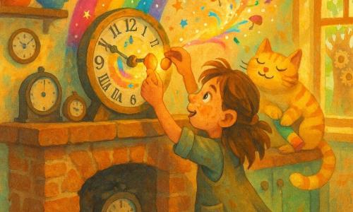 A determined, wide-eyed 10-year-old girl named Pip, freckled like little clouds with messy brown hair, stands on tiptoe in worn-pocket dress and muddy boots before an old rainbow clock on a mantel, inserting a small glowing acorn into its mechanism; a soft yellow-striped cat called Banana Cat purrs, holding a rainbow chalk between its paws on the mantel beside her, while a tiny monocle-wearing dragonfly hovers above, curious. The cozy kitchen-living room has color-shifting wallpaper, shelves of bright teapots, a collection of antique clocks and a window showing a tree whose bark contains gears; warm morning light pours in as the moment the acorn is inserted makes the clock spew shimmering confetti and whirl a red-orange-yellow-green-blue-indigo-violet vortex, with little mushrooms sprouting on the hands—playful fantasy mood, visible gouache textures, bold brushstrokes and a saturated palette.