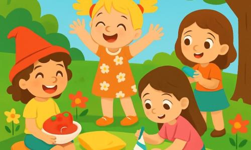 There are 4 children: Mia, a 6-year-old girl with a funny red hat, curly brown hair, and a big smile, sitting on a green blanket holding a plate of apples; Zoe, a 5-year-old girl with blonde pigtails and a floral dress, standing and laughing with her arms raised; Lily, a 6-year-old girl with sparkling shoes and long hair, crouching and decorating a paper hat with colored crayons; and Emma, a 5-year-old girl with brown hair and sparkling eyes, standing near a tree holding a pretty shiny stone she found. The scene takes place in a sunny garden filled with colorful flowers and tall green trees, with a gentle breeze making the leaves dance and a bright blue sky above. The main situation shows the children preparing a joyful Father's Day celebration, wearing funny hats for their dads, with laughter and smiles on their faces as they get ready to share a colorful picnic full of sweet treats and fun games.