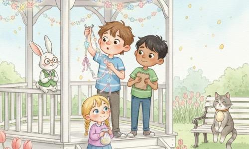 The main character is a 12-year-old boy with a round freckled face and messy brown hair, eyes filled with wonder as he carefully hangs a glowing pastel garland on the white wooden gazebo; his 7-year-old sister with blonde pigtails and a shy smile holds a pouch of sparkling powder at the bottom of the steps, a friend of about 12 with tan skin and short black hair points to the garland while holding a notebook, a white rabbit in a green vest and tiny glasses perches on the gazebo edge watching like a sage, and a gray cat named Whiskers with an egg-shaped collar lounges on a nearby bench; the spring park has green grass, tulips, pastel ribbons, and a soft morning watercolor sky as golden sparks fall like slow snow and the group stands together, moved and grateful.