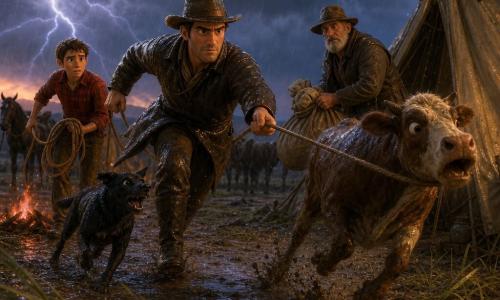 Hombre adulto (Tomás) con rostro decidido y embarrado, sombrero marrón empapado y chaqueta de cuero pegada por la lluvia, corre sujetando una cuerda para alcanzar una vaca asustada; joven de unos 20 años (Roberto) con expresión preocupada pero valiente, pelo corto mojado y camisa roja a cuadros, sostiene un lazo medio desplegado junto a un fuego casi apagado a pocos pasos; hombre mayor (José) de unos 60 años, barbudo y arrugado, vestido con un abrigo raído, ayuda con sacos y cuerdas cerca de las tiendas enlodadas; perro negro (Sombra) brillante y mojado, alerta, ladra y corre entre Tomás y Roberto para guiar al ganado; escenario: campamento de rancho al crepúsculo bajo tormenta, suelo lodoso con charcos reflectantes, tiendas empapadas, fuego rojizo casi apagado, siluetas de caballos y hierba aplastada por el viento; situación: carrera bajo la lluvia para salvar una vaca, movimientos dinámicos, gotas brillantes, relámpagos lejanos, atmósfera tensa pero solidaria.
