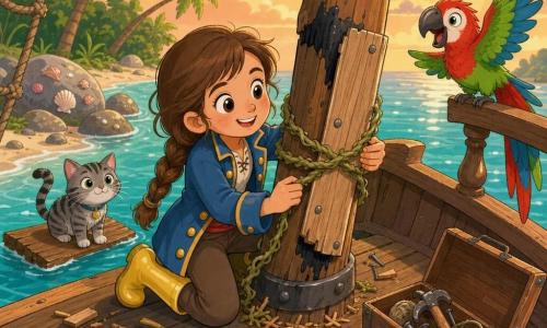 A smiling determined pirate woman, Mira, with brown braided hair, shiny yellow boots and a blue jacket with gold buttons, kneels on the wooden deck of the Sunny Shell tying a thick vine rope to a broken mast while applying black sap like tar with a small leaf, nailing a plank and tying knots; a colorful parrot, Pip, with bright green and red feathers perches on the ship's right rail with its beak open as if speaking, a grey tabby cabin cat, Jojo, sits on a nearby floating plank watching curiously, and the scene is set in a calm sandy cove at dusk with turquoise water, leaning palms, shell-covered rocks and golden rays, wood splinters and an open toolbox nearby.