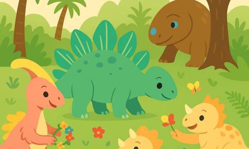 Stegi, een vriendelijke glimlachende stegosaurus met lichtgroene platen gestreept met turkoois, loopt naar een bloeiend open plekje; Pippa, een kleine levendige parasaurolophus in pastelkleuren, springt links met een bloemenkroontje; Taro, een brede kalme ankylosaurus met een blauwe steen in het voorhoofd, staat achter als beschermende wachter; drie speelse triceratopsjes maken rechts bloemenkronen en wisselen bloemblaadjes; de lichte moscirkel is bezaaid met bloemen en vlinders en omringd door palmen en varens — een warme, gezamenlijke speelscène.