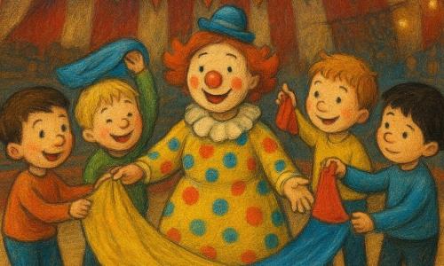 Vier Kinder: Tom (4) links, kurze braune Haare, rundes Näschen, großes Lächeln, reicht ein großes glänzend gelbes Tuch zur Clownin; Ben (3) links-mitten, zerzauste blonde Haare, gerötete Wangen, zieht ein blaues Tuch von seinem Kopf, lacht; Olli (3) rechts-mitten, hellbraune Haare, Sommersprossen, schwenkt ein kleines rotes Tuch freudig; Fips (4) rechts, glattes schwarzes Haar, konzentriert, hält eine Ecke des blauen Tuchs schützend. Nicht-menschliche Figur: eine weibliche Clownin (30–35), kniend in der Mitte, bunte gepunktete Kleidung, runde rote Nase, sanzes Make-up, Arme geöffnet zum Empfangen der Tücher. Ort: Innenraum eines großen Zirkuszelts von vorn, heller Holzboden der Arena mit breitem roten Rand, unscharfe Tribünen im Hintergrund, rot-weiß gestreiftes Zeltdach mit bunten Wimpeln und warmen Lichtern, angedeuteter Popcorngeruch, pastellige Texturdetails. Hauptsituation: Die vier Jungen geben der Clownin bunte Tücher; Gelb und Blau schweben leicht im Wind, der das Zelttuch hebt; fröhliche, geborgene Atmosphäre, Ausdruck von Helfen und Stolz.