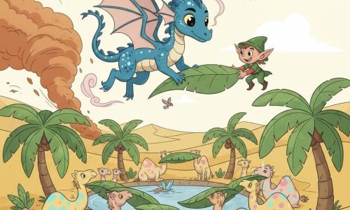 Un joven dragón llamado Draco, de escamas azul océano con reflejos plateados y ojos luminosos, vuela con las alas semiabiertas sobre un oasis mientras ayuda a colocar grandes hojas protectoras; Lilo, un pequeño duende de piel clara y sombrero verde en una duna a la derecha, le pasa una hoja gigante; un grupo de camellos coloridos (manchas rosas, amarillas y turquesa) apilan hojas alrededor del oasis mientras aves exóticas revolotean; el oasis circular de agua en espejo está rodeado de palmeras de troncos retorcidos y enormes hojas, con cristales en las rocas cercanas, en un desierto de dunas doradas bajo un cielo crema, y una tormenta de arena naranja oscuro se aproxima por la izquierda, con todos trabajando en equipo con esfuerzo alegre para proteger el oasis.