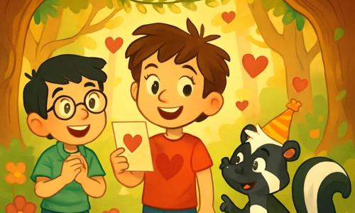 Hay 3 personajes: - Valentín: un niño de 11 años con cabello castaño desordenado y ojos llenos de curiosidad. Lleva una camiseta roja con un corazón dibujado y un pantalón corto azul. Está en el centro, sonriendo y sosteniendo una tarjeta de invitación. - Roberto: un niño de 11 años con cabello negro y gafas redondas. Lleva una camisa a rayas verdes y jeans. Está a la izquierda de Valentín, mirando con entusiasmo los preparativos de la fiesta. - Pipo: una mofeta parlante con pelaje negro y blanco brillante, ojos traviesos y un pequeño sombrero de fiesta. Está a la derecha de Valentín, gesticulando con una pata para mostrar el camino hacia el claro. El lugar es un claro encantador del Bosque Encantado, rodeado de grandes árboles con troncos retorcidos y hojas vibrantes de colores verdes y dorados. Flores multicolores bailan suavemente al viento, y guirnaldas de hojas brillantes cuelgan entre las ramas. La luz del sol se filtra a través del follaje, creando una atmósfera mágica y cálida. La situación principal muestra a Valentín y Roberto, rodeados de sus amigos, celebrando el Día de San Valentín en el claro. Ríen, bailan y comparten dulces coloridos, mientras Pipo, la mofeta, toca música con un viejo tambor. Corazones de papel flotan en el aire, añadiendo un toque de magia a esta alegre fiesta de amistad.