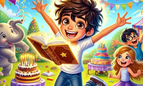 Un niño de 10 años, Tomás, con cabello castaño alborotado y ojos brillantes de alegría, se encuentra en el centro de un jardín colorido, rodeado de globos y guirnaldas. Sonríe ampliamente, sosteniendo un libro dorado que brilla en sus manos, su rostro iluminado por la emoción de su cumpleaños. A su derecha, una niña de 9 años, Carla, con cabello largo y rubio trenzado, salta de alegría, con los brazos levantados hacia el cielo, llena de energía y felicidad. A su izquierda, un niño de 10 años, Juan, con gafas y cabello negro, ríe mientras intenta atrapar la cola de un elefante colorido que danza alrededor de ellos. El jardín está lleno de flores brillantes, decoraciones festivas y un gran pastel de chocolate sobre una mesa, mientras un elefante sonriente, Épico, vestido con un sombrero de fiesta, se encuentra en el fondo, añadiendo un toque de magia a la escena. La situación principal muestra a Tomás y sus amigos celebrando su cumpleaños, rodeados de risas y alegría, mientras descubren la magia del libro dorado que los transporta a un mundo de aventuras.