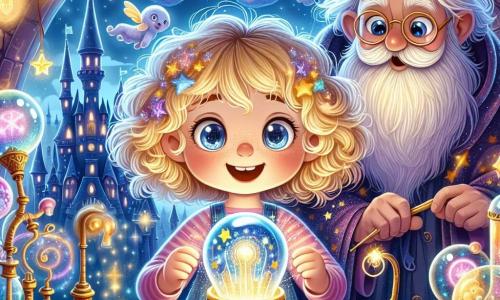 A 6-year-old girl, Elara, with curly golden hair and large, curious eyes, stands at the center of the image, holding a sparkling gadget in her hands, her face radiating joy and wonder. Beside her, a wise old wizard, Wizard Wizzle, with a long white beard and a starry robe, watches Elara with a benevolent smile, his eyes sparkling with pride. In the background, a majestic castle with shimmering towers rises under a starry sky, surrounded by glowing clouds and flying creatures. The scene takes place in a magical room of the castle, filled with colorful lights and fascinating gadgets, where the air is charged with a sense of wonder. Elara, excited, has just discovered the Magic Transformer, a shining gadget that has the power to transform objects, and she is about to use it to create something wonderful.