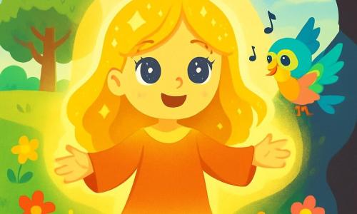 A woman named Elara, with shining golden hair and sparkling star-like eyes, stands at the center of the scene. She wears a warm and hopeful smile, arms open, surrounded by a soft golden light. Beside her, a small bird named Pip, with colorful feathers and twinkling eyes, joyfully flies around her, singing a cheerful melody. The setting is the Great Prairie, a vast and bright field dotted with vibrant flowers dancing in a gentle breeze. Majestic trees with glossy green leaves rise in the background, while a clear blue sky stretches above, scattered with fluffy white clouds. The scene depicts Elara and Pip united in a moment of magic, illuminating the prairie with their light and song, driving away a dark shadow that slowly recedes, making way for joy and color.