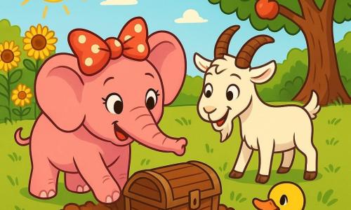 A small, cheerful pink elephant with a big polka-dot bow on its trunk smiles with sparkling eyes of excitement. It digs into the ground with its trunk, uncovering an old wooden chest. Next to it, a mischievous goat named Benny, with white fur and curved horns, watches with a knowing smile, ready to help. A yellow duck named Daisy happily swims in a nearby puddle, looking on with curiosity. In the background, a field of golden sunflowers dances under the sun, and a sturdy old apple tree laden with fruit stands proudly. The scene depicts the elephant and its friends on a treasure hunt, surrounded by laughter and a joyful adventurous atmosphere.