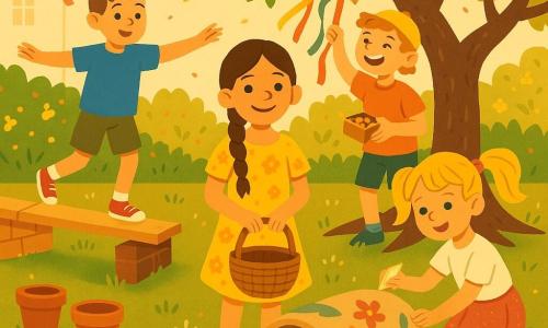 Vier kinderen van 8 jaar in een lente tuin: Noor, bruin haar in vlecht, gele bloemenjurk, met een rieten mand vooraan bij een grote appelboom, leidt de groep; Sam, kort kastanjebruin haar, blauw T‑shirt en kaki short, balanceert op een plank op een muurtje links van Noor; Lina, blond met staartjes, roze glinsterende rok en kleine verenmand, knielt rechts van Noor en versiert een kartonnen bloemen‑tunnel; Bram, rood krullend haar, felgele pet en doosje belletjes, hangt kleurrijke linten aan een tak achter Noor en lacht. Tuin bij een huis, groene grasmat, zichtbare boomwortels, bloeiende hagen, potten en geschilderde kartons; zachte namiddaglicht, lange schaduwen. De kinderen maken een hindernisbaan voor een paaseierenjacht met gespannen linten, kartonnen tunnel, klingelende tak en plank‑brug; vrolijke beweging, gelach en rondfladderende bloemblaadjes en vlinderwings.