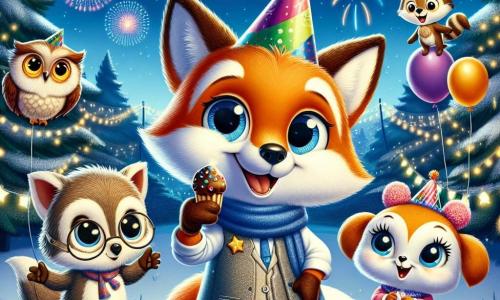Rocco, una piccola volpe dal pelo arancione brillante e dagli occhi curiosi, si trova al centro della scena, sorridendo entusiasta mentre organizza una festa di Capodanno. Indossa un piccolo cappello colorato e tiene dei palloncini tra le zampe anteriori. Alla sua destra, Clara, una bella volpe con pelo color crema e occhi brillanti, applaude felicemente, mentre ammira le decorazioni scintillanti. A sinistra, Gigi, un saggio gufo dalle piume marroni e occhiali rotondi, sorride gentilmente, tenendo un piccolo quaderno dove annota i giochi da fare. Pippo, un topolino grigio con una lunga coda, sta assaporando un biscotto al cioccolato, gli occhi spalancati dalla felicità. La scena si svolge in un parco illuminato da luci, con alberi coperti di neve scintillante e un cielo stellato sullo sfondo. I fuochi d'artificio esplodono nel cielo, creando un'atmosfera festosa e magica. Rocco e i suoi amici celebrano insieme, ridendo e divertendosi, pronti ad accogliere il nuovo anno con gioia e amicizia.