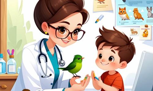 Uma veterinária, uma mulher de cerca de trinta anos, com cabelos castanhos presos em um coque, sorridente e gentil, examina delicadamente um pequeno pássaro ferido. Ela usa um jaleco branco e óculos, demonstrando seu seriedade e amor pelos animais. Ao seu lado, um menino de 8 anos, com cabelos castanhos bagunçados e olhos brilhantes de curiosidade, segura o pequeno pássaro com cuidado, olhando para a veterinária com admiração. A cena ocorre em uma clínica veterinária iluminada, cheia de brinquedos para animais, pôsteres coloridos sobre cuidados com os animais e uma grande janela que deixa entrar a luz do sol. Em uma mesa, instrumentos médicos estão organizados, e um grande cartaz com dicas para cuidados com os animais está pendurado na parede. A situação principal mostra a veterinária enfaixando a asa do pequeno pássaro, enquanto o menino a encoraja com um sorriso, criando uma atmosfera de compaixão e esperança.