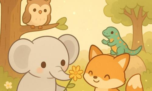 Un joven elefante gris claro sostiene con ternura una flor dorada en la trompa y se la ofrece al zorro Zacarías, que sonríe sentado bajo un árbol; la salamandra Sofía aplaude desde una roca y el búho anciano Oliverio vigila desde la izquierda en lo alto de un roble; el claro, con musgo, flores silvestres y luciérnagas, está bañado por la luz suave del atardecer, creando un momento de reconciliación cálido, sencillo y luminoso.