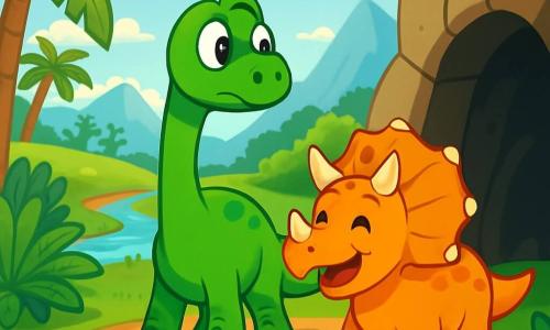 Un joven diplodocus llamado Dino, con una piel verde brillante y largas patas, se encuentra en el centro de la imagen, sus grandes ojos redondos brillando de emoción y aprensión. Observa a su alrededor con curiosidad, su larga cola ondulando detrás de él. A su lado está Trixie, un triceratops de escamas naranja brillante, con tres cuernos afilados en su cabeza, que sonríe alegremente. Se mantiene orgullosa, lista para explorar, y parece animar a Dino a avanzar. El escenario es un amplio valle prehistórico, lleno de gigantescos árboles de hojas exuberantes, helechos gigantes y un cielo azul claro salpicado de nubes blancas esponjosas. A lo lejos, un arroyo brilla bajo el sol, y montañas majestuosas se alzan en el horizonte. La situación principal muestra a Dino y Trixie al borde del arroyo, dudando entre explorar la cueva oscura a su derecha o unirse a un grupo de dinosaurios alegres que juegan en la colina a la izquierda. La imagen captura el espíritu de aventura y descubrimiento, con un ambiente amistoso y lleno de promesas.