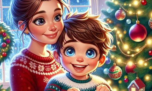 Un niño pequeño de 5 años, Lucas, con cabello castaño despeinado y ojos brillantes de alegría, se encuentra frente a un gran árbol de Navidad decorado con guirnaldas brillantes y bolas de colores. Sonríe ampliamente, con las mejillas sonrojadas por la emoción, sosteniendo una bola dorada en sus pequeñas manos. A su lado, su mamá, una mujer de unos treinta años con cabello castaño recogido en un moño, lleva un suéter rojo festivo. Ella sonríe tiernamente a Lucas mientras sostiene una guirnalda luminosa, lista para colgarla en el árbol. El lugar es una sala cálida, llena de luces suaves y decoraciones navideñas. Copos de nieve caen suavemente afuera a través de la ventana, creando un ambiente mágico. La escena principal muestra a Lucas y su mamá decorando juntos el árbol de Navidad, llenos de felicidad y amor, ilustrando la magia de la preparación de las fiestas.
