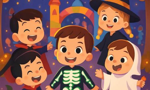 Hay 4 niños: - Miguel: un niño de 5 años, con cabello castaño y ojos brillantes. Lleva un disfraz de esqueleto que brilla con una luz misteriosa. Está en el centro, sonriendo con entusiasmo. - Carla: una niña de 5 años, con trenzas rubias y un disfraz de bruja negra con un sombrero puntiagudo. Está un poco detrás, con los ojos abiertos de asombro. - Juan: un niño de 5 años, con cabello negro y una capa de vampiro roja. Está a la izquierda de Miguel, riendo y señalando hacia el parque encantado. - Sofía: una niña de 5 años, con cabello castaño y un disfraz de fantasma blanco. Está a la derecha de Miguel, saltando de emoción con un dulce en la mano. El lugar es un parque encantado, iluminado por faroles coloridos y calabazas sonrientes. Árboles con hojas doradas rodean el espacio, y se ven juegos inflables coloridos al fondo. Los niños disfrazados se divierten alrededor, creando una atmósfera festiva y mágica. La situación principal muestra a los cuatro amigos riendo y jugando juntos, rodeados de luces brillantes y decoraciones de Halloween. Miguel, en el centro, brilla en su disfraz de esqueleto, mientras Carla, Juan y Sofía se maravillan con las atracciones del parque, creando una escena alegre y llena de magia.