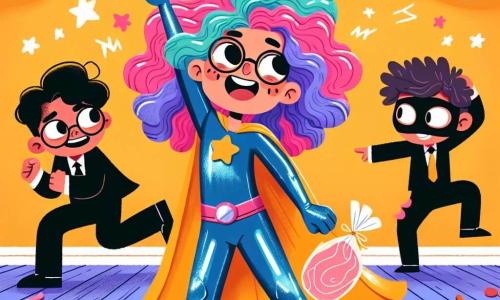 Lila, una superheroína alegre, es una joven con cabello rizado y colorido, vestida con un traje brillante en azul y rosa, con una capa ondeante. Sonríe ampliamente, levantando una mano al aire mientras sostiene una pata de jamón con la otra, en una pose dinámica y divertida. A su lado, un villano torpe, un niño de unos 10 años con gafas y un traje negro demasiado grande, intenta bailar, pero se ve confundido y gracioso. Otra villana, una niña de 9 años con cabello desordenado y una máscara en la cara, se ríe mientras trata de seguir el ritmo. La escena tiene lugar en una escuela de superhéroes colorida, con paredes pintadas de amarillo brillante, estrellas y rayos dibujados por todas partes, y un aula grande llena de escritorios en forma de nube. Lila y los villanos bailan juntos, transformando una situación de miedo en una gran fiesta, con burbujas de alegría flotando a su alrededor.