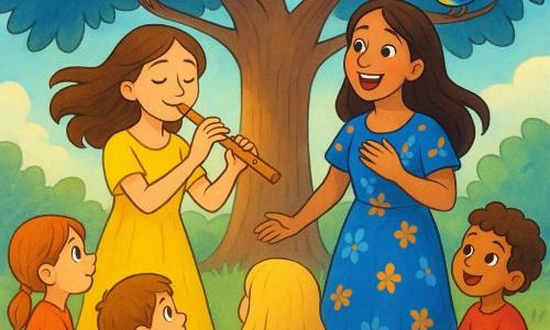 Eine junge Frau, Lina, spielt mit einem gelassenen Lächeln Flöte, während ihr braunes Haar sanft im Wind weht. Sie trägt ein leuchtend gelbes Kleid, das das Sonnenlicht einfängt. Neben ihr singt Amara, eine Frau in den Dreißigern, leidenschaftlich mit strahlenden Augen, gekleidet in ein blaues Kleid mit Blumenmustern. Um sie herum sitzen Kinder verschiedenen Alters im Gras und hören aufmerksam zu, einige mit weit aufgerissenen Augen, andere mit staunenden Lächeln. Im Hintergrund steht ein großer Baum mit blauen Blättern, unter dem sich die Szene abspielt, mit bunten Vögeln, die auf seinen Ästen sitzen. Die Hauptszene zeigt Lina und Amara in Harmonie, umgeben von der Natur und einem aufmerksamen Publikum, was eine Atmosphäre von musikalischer Magie und Teilen schafft.