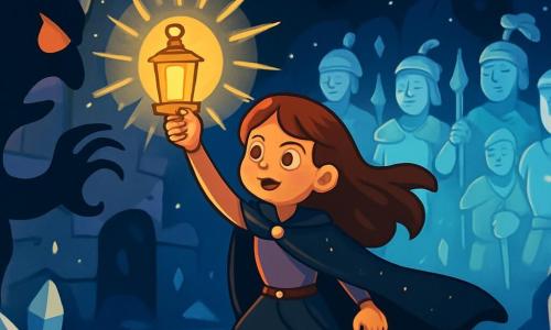 A young woman named Lira, around 18 years old, stands bravely at the center of the stage. She wears a shimmering black cloak, her brown hair flowing around her, and her face expresses bright determination. She holds high a golden lamp that shines intensely, illuminating her surroundings. Beside her, an army of ethereal silhouettes, ghostly warriors in shining armor, floats in the air, their faces serene and confident. The setting is a mysterious underground city, with black stone walls adorned with silver crystals that sparkle in the lamp's light. Shadows dance around them, creating a magical yet unsettling atmosphere. The main scene shows Lira confronting a dark, threatening figure, a being made of shadows, attempting to intimidate her. The rays of light from Lira's lamp push back the darkness, symbolizing her courage and strength.