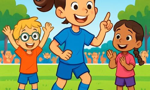 Una giovane donna, Marta, è al centro dell'immagine, con i capelli castani raccolti in una coda di cavallo e un grande sorriso che irradia fiducia. Indossa un completo da calcio blu brillante, con pantaloni corti e scarpe sportive vivaci. I suoi occhi brillano di eccitazione mentre incoraggia le sue compagne di squadra con gesti entusiastici. Accanto a lei, un ragazzo di 10 anni, con occhiali e capelli biondi in disordine, alza le braccia in segno di gioia, pronto a ricevere la palla. Un'altra persona, una ragazza di 9 anni con trecce e una maglietta rosa, applaude sorridendo, mostrando il suo sostegno a Marta. La scena si svolge su un campo da calcio verdeggiante, circondato da spettatori entusiasti, con alberi sullo sfondo e un cielo blu punteggiato di nuvole bianche. Marta sta tenendo un discorso ispiratore alla sua squadra prima dell'inizio della partita, trasmettendo la sua energia positiva e la sua passione per il gioco, mentre le sue compagne l'ascoltano attentamente, pronte a scendere in campo.