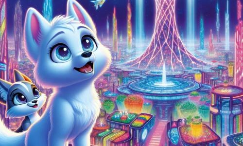 Lumina, a small wolf with bright white fur, stands atop a massive futuristic tree, the Exo-Tree. Her eyes shine with wonder and curiosity as she admires the spectacular view of the city of Neonvale, illuminated by bright lights and colorful holograms. She smiles, ears perked up, feeling a deep connection to this vibrant world. Beside her, Orion, a sleek silver fox, also gazes at the city with a joyful and conspiratorial expression. His sparkling eyes reflect his enthusiasm as he excitedly gestures towards the various futuristic buildings shimmering below. The scene is breathtaking, with skyscrapers featuring holographic facades rising into the sky, surrounded by hanging gardens and floating vehicles. Vivid colors blend in a dazzling display, creating a magical and dynamic atmosphere. The main focus shows Lumina and Orion, awed by the beauty of Neonvale, sharing a moment of friendship and discovery, ready to explore the endless possibilities this futuristic city offers.