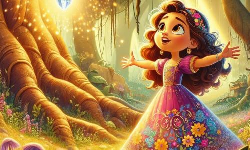 Una bambina di 6 anni, Nina, con lunghi capelli ricci e occhi scintillanti di curiosità, si trova davanti a un grande albero dalle radici nodose. Indossa un vestito colorato con motivi floreali e un sorriso meravigliato illumina il suo volto. Accanto a lei, un cristallo fluttuante, il Cristallo della Magia, brilla di mille colori, proiettando riflessi arcobaleno intorno a loro. Il luogo è un antico boschetto incantato, pieno di alberi maestosi dai tronchi spessi, fiori luminosi che sembrano cantare e una dolce luce dorata che filtra tra le foglie. Nina, con le braccia aperte, guarda con meraviglia il cristallo che fluttua davanti a lei, pronta a intraprendere un viaggio magico.