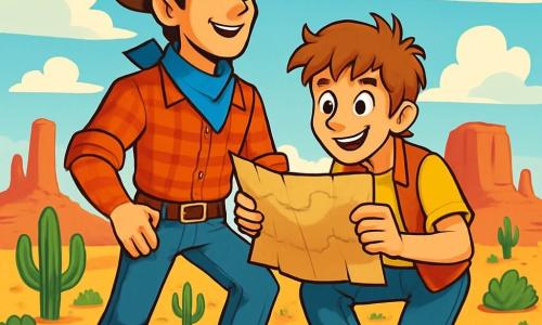 A young cowboy, Noah, a 20-year-old man, stands on top of a hill, his face marked by determination and excitement. He wears a worn cowboy hat, a red flannel shirt, and a blue bandana around his neck. His eyes shine with anticipation as he looks into the distance, holding an old map in his hand. Beside him, his friend Jesse, a 19-year-old boy with messy hair and a mischievous smile, curiously examines the map, his dusty leather boots planted on the ground. The landscape features a vast desert with red mesas under a bright blue sky dotted with white clouds. Cacti and sagebrush add touches of green to the arid terrain. The scene conveys a sense of adventure and mystery as Noah and Jesse prepare to explore the secrets hidden in the map.
