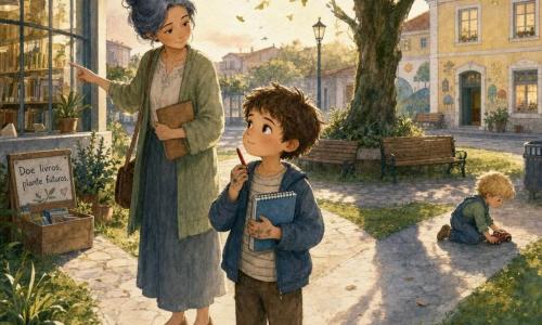 Um menino de 8 anos, Tomás, rosto redondo, cabelos castanhos bagunçados, manchas de lápis nos dedos, expressão pensativa e doce, segura um caderno azul espiral e um lápis vermelho, parado na calçada hesitando entre três caminhos (biblioteca, praça, centro de doações); a professora Lúcia, cerca de 35 anos, cabelo cinza-azulado preso em coque e sorriso calmo, aponta suavemente para a biblioteca à esquerda; o irmão de Tomás, cerca de 4 anos, cabelos loiros curtos, brinca com um carrinho vermelho perto de um banco à direita ao fundo; cenário: esquina da escola ao fim da tarde, calçada de pedra, grama verde, biblioteca de grandes vitrines à esquerda, pequena praça com bancos e um velho carvalho ao centro e um centro comunitário amarelo pálido ao fundo; atmosfera de esperança tranquila, cores em tons pastéis e textura aquarela, detalhes acolhedores como o caderno, a placa “Donations” e folhas flutuando.