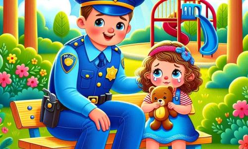 Um policial chamado João, sorridente e amigável, veste um uniforme azul brilhante e um grande chapéu combinando. Ele está de joelhos, com uma expressão determinada e bondosa no rosto, pronto para ajudar. Ao seu lado, uma menina de 5 anos, Ana, com cabelos cacheados e castanhos, chora suavemente, segurando um ursinho de pelúcia nos braços. Ela está sentada em um banco do parque, com os olhos cheios de lágrimas. O parque é ensolarado, com árvores verdes luxuriantes, flores coloridas e um escorregador vermelho brilhante ao fundo. Nesta cena, João tenta consolar Ana, prometendo ajudá-la a encontrar seu ursinho perdido, criando uma atmosfera calorosa e reconfortante.