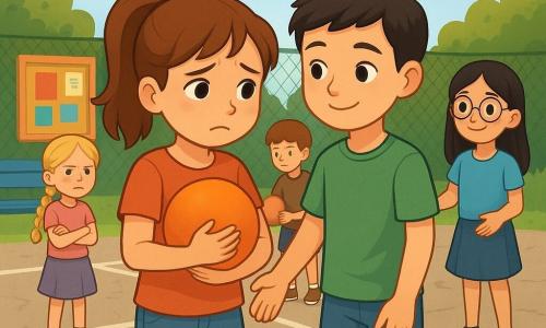 A 10-year-old girl with brown hair in a ponytail, fair skin, large slightly wet eyes, a shy but determined expression, holding an orange rubber ball to her chest as she walks toward a Four-Square play area; Ben, a 10-year-old boy with short black hair and a gentle look, stands beside her, ready to support her; Tessa, a 10-year-old girl with braided blonde hair and a scowling face, stands at the back of the Four-Square square with two other children, arms crossed and slightly turned away; Liam, a 10-year-old boy with chestnut hair and a distracted expression, holds a rubber ball and stands between Tessa and Jada looking down; Aria, a 10-year-old girl with round glasses, loose black hair and a shy smile, stands near the main girl with open hands ready to invite her to play; the scene is a sunny schoolyard with cracked concrete marked for Four-Square, a blue-painted wooden bench, a small flowerbed and a green chain-link fence, shaded benches and a colorful bulletin board; the moment shows the girl asking to join and being initially rejected, capturing the tension of exclusion (children grouped, turned away, distant looks) and the emergence of allies (Ben and Aria approaching), centered composition and warm-cool color contrasts to convey emotion.