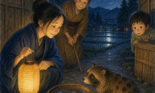 Aiko, smiling and serene in an indigo coat with her black hair in a bun, crouches by a wooden bowl of clear water holding a golden-yellow paper lantern; a brown speckled tanuki with bright eyes approaches cautiously and discovers its reflection, looking at Aiko with curiosity. The village chief, about 60 in a simple brown kimono, stands a few steps behind with a lowered staff, watching with astonishment and tenderness. A seven-year-old boy with tousled hair in a light kimono peeks from behind a wooden crate to the right, dazzled. The scene is on a gravel path between old wooden warehouses with dark rice fields, a torii and cedars silhouetted, a full moon casting silver reflections on the water; a calm night where the warm lantern glow contrasts the bluish darkness, villagers lowering their staffs, and a gentle, soothing atmosphere of understanding.