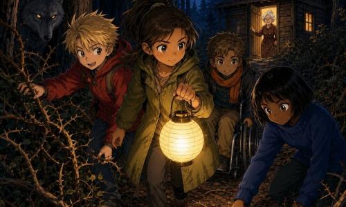 Six characters: Mara, ~10, brown hair in a ponytail, olive coat, holding a small round lantern casting warm yellow light, center front; Jory, ~11, messy blond hair, big smile, red jacket, brushing branches left of Mara; Lin, ~10, short black hair, calm, blue sweater, pointing at a root to Mara's right; Oren, ~10, light brown hair, in a wheelchair with an orange scarf, hands on the wheels just behind Mara to her right; Grandmother Hazel, ~70, white hair in a bun, brown polka-dot dress, sharp eyes, standing in a doorway of a low wooden cottage at the forest edge holding the door open; the Big Bad Wolf: large, gray scruffy fur, glowing yellow eyes, half-hidden in the trees at the left background on the edge of the lantern's halo, muzzle turned toward the children. Scene: nighttime forest edge with brown leaves and exposed roots, tall dark pines, a narrow brambly path, cottage smoke from a chimney, warm lantern light contrasting with deep blue sky and cold shadows; composition shows the four children advancing together, lantern light on their faces, the wolf watching menacingly from darkness and the grandmother opening her door behind them, mood cautious and united.