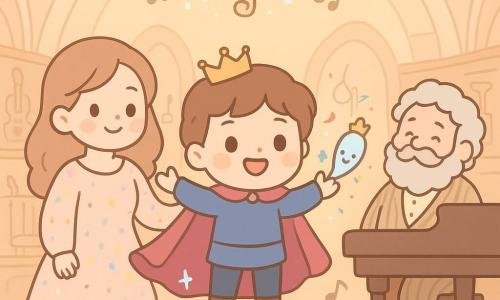 Prince Juniper (boy), round face and big bright eyes, enthusiastic but shy, wearing a blue-raspberry cape that flows like a wave, stands on a small wooden podium raising his arms to conduct; Queen Mirthalina (adult woman) in a pastel confetti-patterned dress smiles gently at the prince with a hand on his shoulder; Maestro Noodlewick (elderly man) with a full curly beard and striped suit nods proudly behind a grand piano to the right; a tiny crowned quill floats near the prince’s shoulder sprinkling small colorful sparks; three anthropomorphic shiny jellytarts with round eyes and laughing mouths sit on a silver tray in the foreground being gently tickled by musical notes shown as small translucent hands; the scene is the Shell Hall of Harmonies, an interior like a giant shell with polished wood, a glass-note chandelier, simple pastel-colored instruments, and a warm, pastel, kawaii-lite atmosphere as the prince conducts a playful “tickling orchestra” to make the jellytarts laugh before they are eaten.