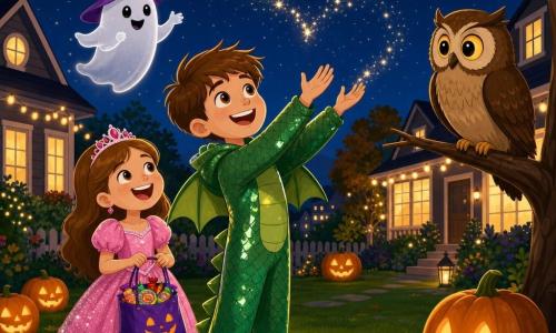 A 10-year-old boy with a round face and short brown hair, smiling in a shiny green dragon costume with scales and a tail, raises his arms toward the stars as sparkling letters form a kind message above; his ~7-year-old sister stands to his left laughing in a pink princess dress and holding a candy bag, a friendly translucent white ghost with a purple witch hat floats at shoulder height above him, and a large brown owl with bright yellow eyes perches on a branch in the right foreground in a cozy nighttime neighborhood garden with carved pumpkins and string lights.