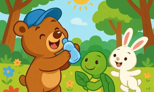 Un pequeño oso marrón llamado Bruno, con una sonrisa alegre y ojos brillantes, lleva una gorra azul y está de pie sobre la hierba verde, rodeado de flores coloridas. Está bebiendo agua de una pequeña botella, con una expresión de felicidad en su rostro. A su lado, una tortuga llamada Lila, con un caparazón verde y ojos dulces, sonríe mientras sostiene una hoja con sus patas. Ella está sentada en el suelo, mirando a Bruno con admiración. Un pequeño conejo blanco de grandes orejas, lleno de energía, salta alegremente cerca de ellos, listo para jugar. El lugar es un hermoso bosque de verano, con altos árboles de hojas verdes brillantes, rayos de sol filtrándose a través de las ramas, y una alfombra de flores multicolores que se extiende hasta donde alcanza la vista. La escena muestra a Bruno, Lila y el conejo jugando juntos, riendo y divirtiéndose bajo el suave sol de verano, rodeados de la belleza de la naturaleza.