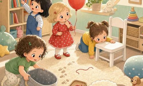 Four nearly two-year-old girls—Mia (short blond hair, red polka-dot dress, holding a small red ball), Bea (brown pigtails, yellow sweater, kneeling and looking under a chair), Lia (straight black hair, blue overalls, pointing at a shelf) and Zoe (curly chestnut hair, green t-shirt, gently lifting a fabric basket)—are in a bright playroom with a beige sheepskin rug, a light wood bookshelf of colorful books, a white chair, a gray toy basket and a round window letting in soft morning light; the four little detectives are cheerfully searching for a missing red ball, following clues like tiny footprints, a red thread and a jam stain on a tray, in a calm, pastel-colored scene centered on the rug and basket.