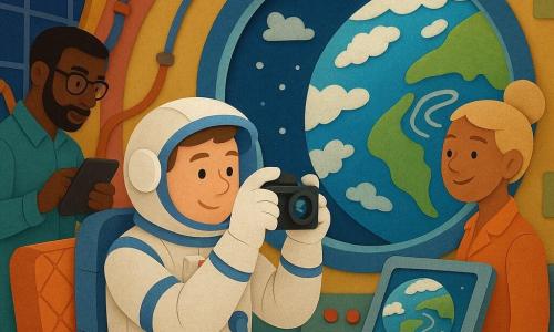 Astronauta około 30 lat, okrągła twarz, krótkie brązowe włosy pod wizjerem, skupiony i zachwycony, w białym skafandrze z niebieskimi pasami fotografuje przez okrągły właz kapsuły; w tle po prawej uśmiechnięta inżynierka ~35 lat z blond kokiem przy panelu kontrolnym ogląda ekran z obrazami, po lewej młody technik ~28 lat w okularach i z zarysowaną brodą reguluje kabel przy panelu słonecznym; wnętrze kapsuły w stylu papierowego kolażu, kolorowe, proste kształty, czerwone i zielone przyciski, pikowane fotele, stylizowane kable; przez okno widać pół Ziemi: głęboki błękit oceanu, białe chmury i zielononiebieskie jezioro z srebrzystymi smugami — tajemnicze wzory fotografowane przez astronautę; scena spokojna, świetlista, kontrastowe sylwetki, żywe kolory i proste cienie, klimat dziecięco-poetycki.
