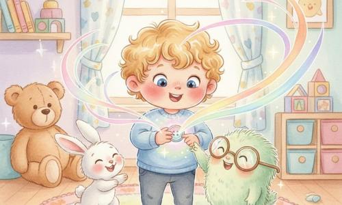 A 2-year-old blond curly-haired boy, wide-eyed and smiling, holds a small shiny button and watches its color; to his right stands Wobble, a small furry light-green creature with big round glasses who presses the button to produce a dancing rainbow; to his left hops Lila, a small white rabbit with floppy ears and a pink nose; they're in a sunny bedroom with a colorful soft rug, a large teddy bear, wooden shelves with books and toys, pastel walls and a fluttering curtain; a luminous, flowing rainbow emerges from the button with swirling ribbons of color around the characters, creating a tender, playful atmosphere.