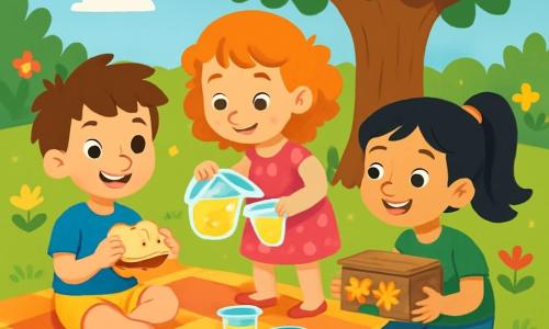 Er zijn 3 personages: Sam, een 7-jarig jongetje met rommelig bruin haar, in een blauwe t-shirt en gele korte broek, zittend op een picknickdeken met een glimlach en een sandwich. Tess, een 6-jarig meisje met krullend rood haar in een roze bloemenjurk, staat naast Sam en schenkt limonade in een kleurrijk bekertje. Mila, een 7-jarig meisje met zwart haar in een paardenstaart, in een groene t-shirt en spijkerbroek, zit bij een grote boom met een versierde houten doos, klaar om deze aan haar mama te tonen. De setting is een zonnige tuin vol kleurrijke bloemen en weelderig groen, met een grote boom in het midden. De kinderen bereiden een verrassing voor hun mama voor, met blije glimlachen en een feestelijke sfeer, omringd door heerlijke snacks en een mooie houten doos met een waardevolle verrassing.