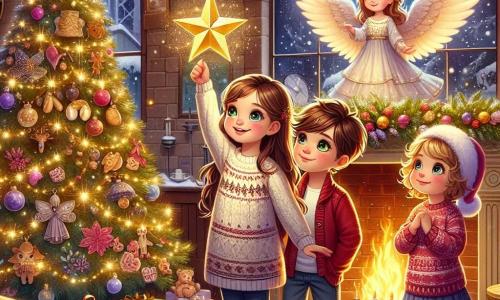 In een gezellige woonkamer, versierd voor Kerstmis, zijn drie kinderen samengekomen. Lotte, een 12-jarig meisje met lang bruin haar en sprankelende ogen, staat in het midden, glimlachend en met een grote gouden ster in haar hand. Rechts van haar kijkt Max, een 12-jarige jongen met een rommelige blonde haardos en een rode trui, met verwondering naar de ster. Links wijst Sofie, een 11-jarig meisje met lichtbruine krullen en een kerstmuts, naar een mooie engelversiering die boven de open haard hangt. De kamer is gevuld met zacht licht, met een grote stenen open haard waar vlammen vrolijk dansen. Een majestueuze kerstboom, versierd met glinsterende slingers en kleurrijke ballen, staat in een hoek, terwijl prachtig ingepakte cadeaus verspreid liggen. Buiten vallen er zachtjes sneeuwvlokken, wat een betoverende sfeer creëert. De kinderen zijn op zoek naar de magie van Kerstmis, omringd door glinsterende versieringen, terwijl ze een stralende ster ontdekken die de geest van Kerstmis vertegenwoordigt.