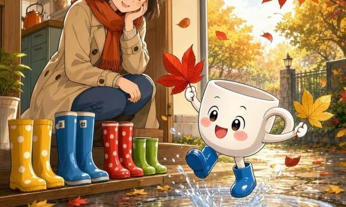 Eine kleine anthropomorphe weiße Tasse mit rundem lächelnden Gesicht, breitem Henkel-Arm, glänzenden Augen, rosigen Wangen und blauen Gummistiefeln springt fröhlich in einer Pfütze und hält ein rotes und ein gelbes Blatt; eine warm lächelnde Mutter in beigem Mantel und orangefarbener Schals kniet nahe der Haustür und blickt liebevoll auf die Tasse; mehrere saubere, bunte Gummistiefel liegen nebeneinander; Szene am Küchenschwellen zum herbstlichen Garten bei goldenem Morgenlicht auf nassen Kopfsteinpflaster mit verstreuten roten, gelben und braunen Blättern, tiefen Ästen und leicht bewölktem Himmel, heitere ruhige Herbststimmung im einfachen Manga-Stil mit runden Formen und leuchtenden Farben.