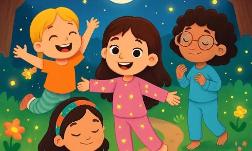 Hay 4 niños: - Lucía: una niña de 7 años, con cabello largo y castaño y ojos brillantes. Lleva un pijama rosa con estrellas y se encuentra en el centro, con los brazos abiertos, como si invitara a sus amigas a bailar. - Martina: una niña de 7 años, con trenzas rubias y una sonrisa radiante. Está ligeramente a la izquierda de Lucía, saltando alegremente con una mano levantada hacia el cielo. - Sofía: una niña de 7 años, con cabello rizado y gafas redondas. Está a la derecha de Lucía, haciendo un gesto suave con las manos, como si acariciara el aire a su alrededor. - Alma: una niña de 7 años, con cabello negro y una diadema colorida. Está ligeramente detrás, sentada en la hierba, con los ojos cerrados, respirando profundamente y una sonrisa serena en el rostro. El lugar es un sendero mágico, bordeado de praderas verdes y flores luminosas. La luna brilla intensamente en un cielo estrellado, iluminando miles de luciérnagas que bailan alrededor de los niños, creando un ambiente de ensueño. La hierba es suave y esponjosa, y majestuosos árboles se alzan a cada lado, con sus hojas brillando bajo la luz de la luna. La situación principal muestra a los niños bailando y respirando tranquilamente, rodeados de luciérnagas brillantes, compartiendo un momento de paz y felicidad, con gestos suaves y sonrisas radiantes, en una atmósfera de serenidad y magia nocturna.