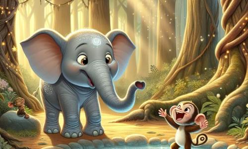 Um jovem elefante chamado Elo, com grandes orelhas e uma tromba expressiva, está no centro da cena, com os olhos brilhando de curiosidade e excitação. Seu corpo é de um cinza suave, e ele tem pequenas manchas brancas nas costas que brilham sob o sol. Ao lado dele, um pequeno macaco chamado Tico, com pelagem marrom e olhos travessos, balança alegremente de um galho para o outro, rindo e gesticulando, enquanto admira Elo. A cena acontece no coração de uma floresta encantada, onde grandes árvores de troncos retorcidos se erguem em direção ao céu, e raios de sol filtram através das folhas, criando padrões de luz dançantes no chão. No centro, uma pequena fonte jorra, cercada por pedras antigas, cuja água clara brilha como estrelas. Elo e Tico descobrem a fonte misteriosa, ouvindo atentamente os sussurros do vento que trazem histórias antigas, enquanto uma leve brisa faz as folhas dançarem ao redor deles, adicionando um toque de magia à atmosfera.