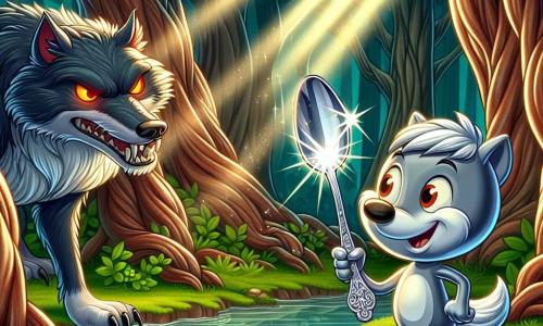 Fergus, a small silver spoon, shines in the sunlight with a delicately engraved handle, displaying an expression of determination and courage. He stands at the edge of a sparkling pond, ready to confront the Big Bad Wolf. The Big Bad Wolf, with his dark fur and burning eyes, faces Fergus, looking surprised and a bit scared, his teeth bared, but his hesitant demeanor reveals his fear. Surrounding them, the forest is dense and mysterious, with gnarled tree trunks and vibrant green leaves, while beams of light pierce through the foliage, illuminating the scene with a magical glow. In this main situation, Fergus uses his silver shine to reflect sunlight, dazzling the wolf and forcing him to retreat, while the forest animals, hidden behind the bushes, watch with hope and admiration.