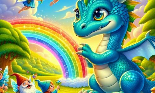 Un piccolo drago dalle squame blu scintillanti, con grandi occhi curiosi e un sorriso caloroso, sta creando un magnifico arcobaleno nel cielo soffiando delicatamente. Si trova su una collina verde, circondato da fiori colorati che danzano al vento. Un gruppo di fate con ali traslucide e scintillanti, vestite di petali di fiori, vola gioiosamente intorno al drago, ridendo e applaudendo al suo talento. Un piccolo gnomo con barba bianca e cappello a punta, vestito di abiti colorati, osserva con un sorriso complice, tenendo una piccola pala di legno. Il luogo è una valle incantata, illuminata da una luce dorata, con alberi maestosi e un cielo blu chiaro. La scena principale mostra il drago che, con entusiasmo, usa il suo soffio magico per creare un arcobaleno splendente, mentre le fate e lo gnomo lo incoraggiano, celebrando la bellezza della diversità e dell'amicizia.