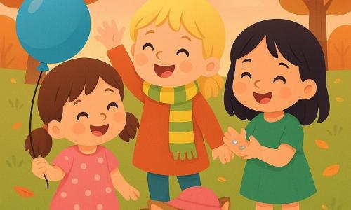 Quattro personaggi: Anna, bambina di 4 anni, capelli castani a coppie, vestito rosa a pois, tiene un grande pallone blu a sinistra e ride; Mia, bambina di 4 anni, capelli biondi corti, sciarpa lunga a righe gialle e verdi, al centro fa il capotreno alzando la mano; Zoe, bambina di 4 anni, capelli neri lisci, vestito verde, a destra tiene tre piccoli sassi lucenti nel palmo e batte le mani; il gatto tigrato con occhi verdi dorme con un cappellino rosa ai piedi delle bambine con il pallone che poggia dolcemente sulla sua testa. Ambientazione: giardino nel tardo pomeriggio, prato verde, foglie autunnali arancioni e gialle, alberi sullo sfondo, cielo pastello salmone-lavanda, luce calda e soffusa. Situazione: le tre bambine giocano formando un trenino gioioso con espressioni ridenti e gesti arrotondati; scena tenera e comica; palette di colori vivaci ma tenui, contorni netti e forme rotonde in stile vettoriale infantile.