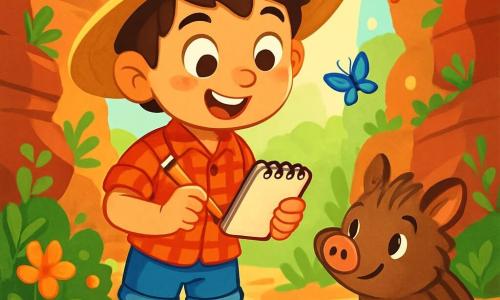 Um menino chamado João, com cerca de 10 anos, está no centro da imagem. Ele usa um chapéu de palha largo, uma camisa xadrez vermelha e um short de jeans. Seu rosto expressa curiosidade e admiração, com grandes olhos brilhantes e um sorriso entusiasmado. Ele segura um pequeno caderno em uma mão e um lápis na outra, pronto para desenhar suas descobertas. Ao lado dele, um travesso porquinho selvagem, de pelos marrons e olhos travessos, observa João com curiosidade. O cenário é um antigo cânion com paredes de pedra vermelha e dourada, onde crescem plantas verdes e flores coloridas entre as fendas. A luz do sol filtra pelas paredes, criando sombras dançantes no chão. Borboletas multicoloridas voam ao redor, adicionando um toque de magia ao ambiente. A cena principal mostra João descobrindo uma pedra brilhante, azul e dourada, que brilha ao sol. Ele está maravilhado com sua beleza, inclinando-se levemente para frente, pronto para explorá-la enquanto respeita a natureza ao seu redor.
