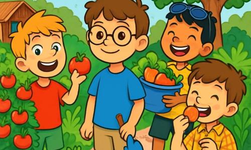 Es gibt 4 Kinder: - Jonas: ein 10-jähriger Junge mit braunen Haaren und runden Brillen. Er trägt ein blaues T-Shirt und eine beige Shorts und hält eine kleine Plastikschaufel. Er steht in der Mitte des Bildes, lächelt und schaut die anderen Kinder an. - Max: ein 9-jähriger Junge mit zerzausten blonden Haaren und einem breiten Lächeln. Er trägt ein rotes T-Shirt und eine grüne Shorts. Er steht links von Jonas und zeigt eine frisch gepflückte, rote Tomate. - Emil: ein 10-jähriger Junge mit kastanienbraunen Haaren und Sommersprossen. Er trägt ein kariertes Hemd und eine blaue Shorts. Er steht rechts von Jonas und probiert eine Erdbeere mit einem glücklichen Gesichtsausdruck. - Ben: ein 9-jähriger Junge mit schwarzen Haaren und einer Sonnenbrille auf der Stirn. Er trägt ein gelbes T-Shirt und eine schwarze Shorts. Er steht hinter Jonas, lacht und hält einen Eimer mit frischem Gemüse. Der Ort ist ein üppiger Gemeinschaftsgarten, gefüllt mit bunten Blumen, ordentlich angeordnetem Gemüse und kleinen Kieswegen. Man sieht Reihen von roten Tomaten, orangefarbenen Karotten und grünen Kräutern, die im Wind tanzen. Im Hintergrund steht eine kleine Holzunterkunft für Gartengeräte, und ein großer Obstbaum spendet den Kindern Schatten. Die Hauptsituation zeigt die Kinder, die gemeinsam im Garten arbeiten, lachen und Spaß haben, während sie Gemüse pflücken und die Pflanzen gießen. Die Atmosphäre ist fröhlich und sonnig, erfüllt von lebhaften Farben und strahlenden Lächeln.
