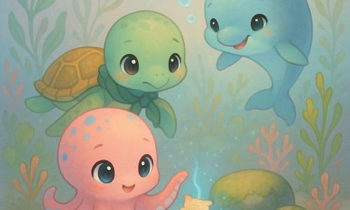 Kora, ein neugieriger, entschlossener Chibi-Oktopus in blassem Korallenrot mit blauen Punkten und großen glänzenden Augen, reicht einen Tentakel zu einem leuchtenden Riss und hält eine kleine Perlenkarte; Milo, eine ruhige, leicht zögerliche Chibi-Meeresschildkröte mit grüner Schale und goldenen Mustern und einer Algenfahne, schwebt dahinter und beobachtet; Luma, ein spielerischer, beruhigender Chibi-Delfin in perlgrau mit türkisfarbenen Schimmern, pustet leise Blasen und lächelt; Szene: ein unterwasser Garten mit wiegenden Algen, Korallen und moosbewachsenen Felsen, aus einem Spalt zwischen Steinen pulsiert blaues Licht, kleine leuchtende Partikel schweben, die drei Freunde sind erstaunt und vorsichtig, pastellige, romantisch-magische Beleuchtung, Komposition zentriert auf den leuchtenden Riss und die ausdrucksstarken Gesichter.