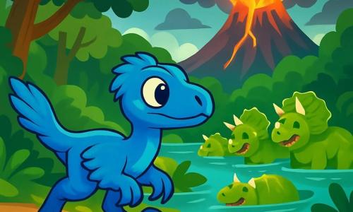 Un velociraptor de plumas azules brillantes y ojos chispeantes de curiosidad corre ágilmente en un denso bosque. Sus garras rozan el suelo cubierto de hojas verdes y brillantes, mientras observa a su alrededor con una expresión decidida. Cerca, un grupo de triceratops de grandes cuernos y piel verde, alegres e despreocupados, se baña en un lago brillante, sus escamas relucen bajo la luz suave del sol. Al fondo, un majestuoso volcán se alza, rodeado de nubes oscuras y amenazantes, mientras destellos de luz brotan de su cima. La escena irradia una atmósfera de aventura y misterio, mientras Rila, el velociraptor, se prepara para descubrir un camino hacia un aliado legendario.